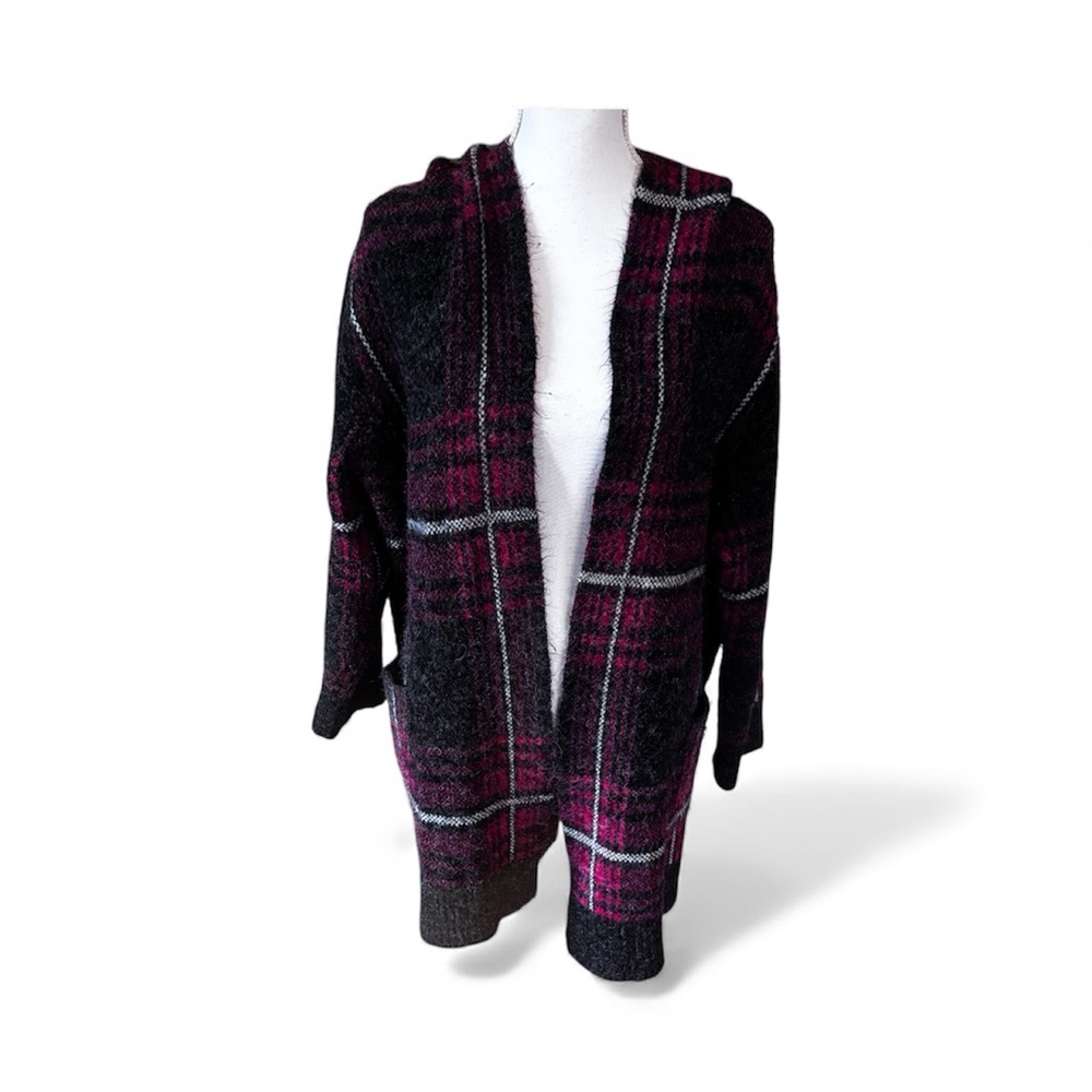 Cyrus Red Plaid Tartan Hooded Cardigan Sweater 2X Cozy Christmas Winter Layering